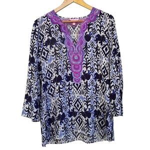 Lilly Pulitzer Silk Renato Tunic Blouse Top Size M Indigo White Purple